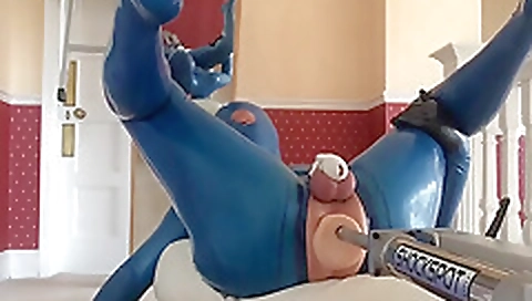 Shemal spits gangbang sex with a dildo